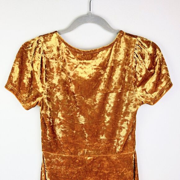 Urban Outfitters Maeve Crushed Velvet Mini Dress Yellow Sweetheart Short Slv S - Picture 6 of 13